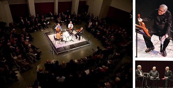 man with violin, string quartet surrounded by audience